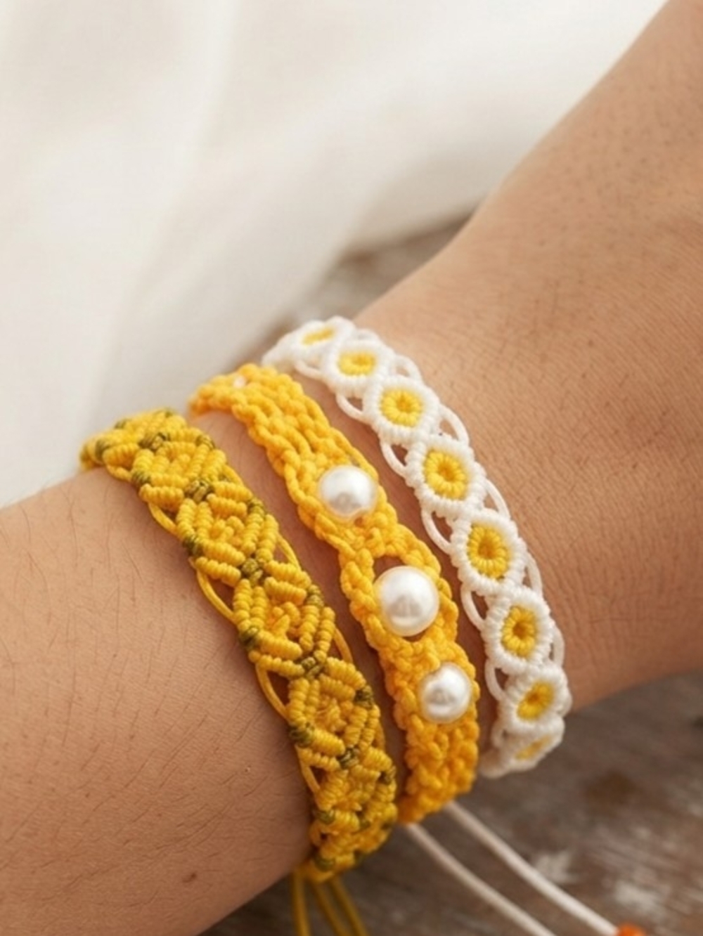 Handmade Yellow & White Macrame Friendship Bracelets Set Of 3